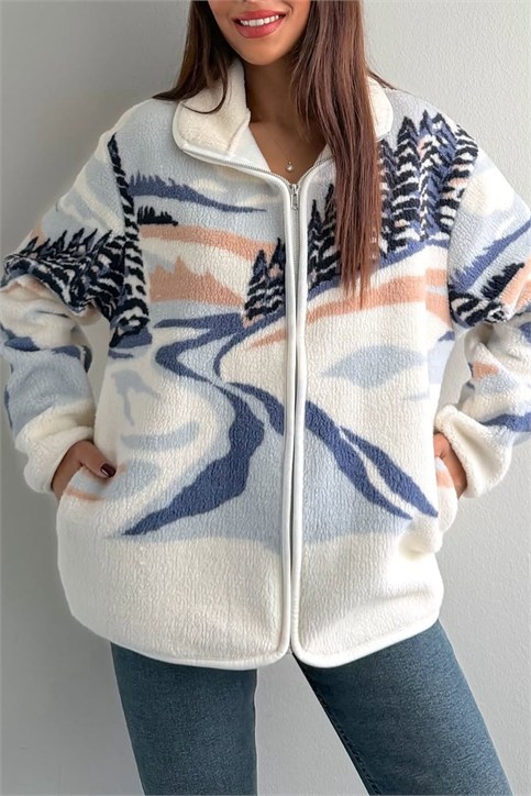 Ekru Mavi Desenli Fermuarlı Sweatshirt