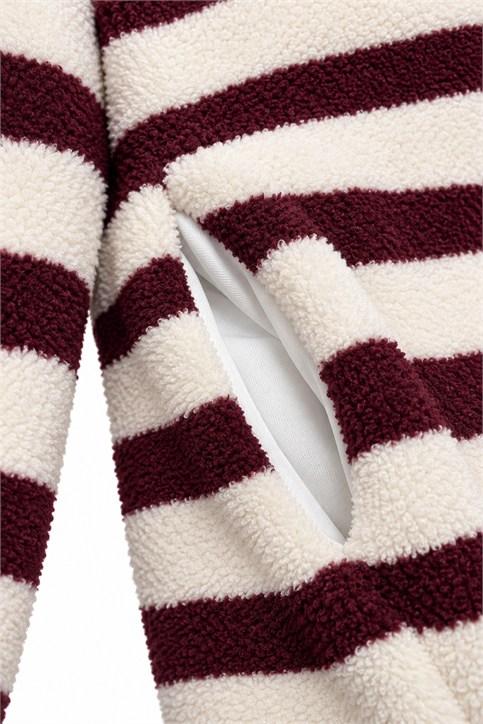 Ekru Mütrdüm Yatay Çizgili Fermuarlı Polar Sweatshirt