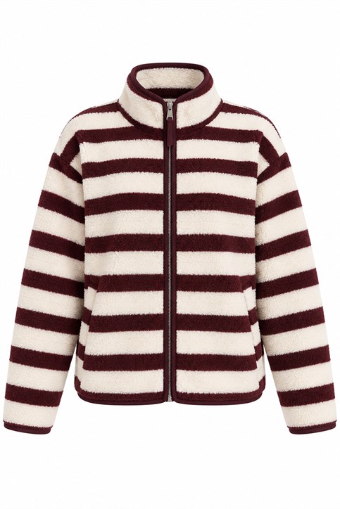 Ekru Mütrdüm Yatay Çizgili Fermuarlı Polar Sweatshirt