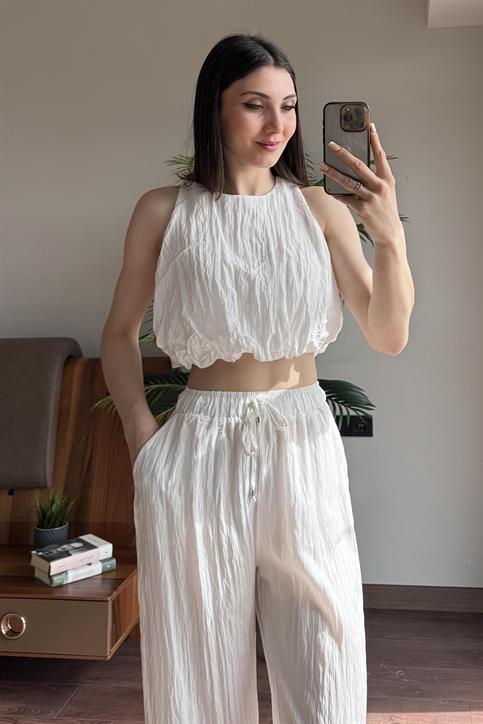 Ekru Pantolon Bluz Takım