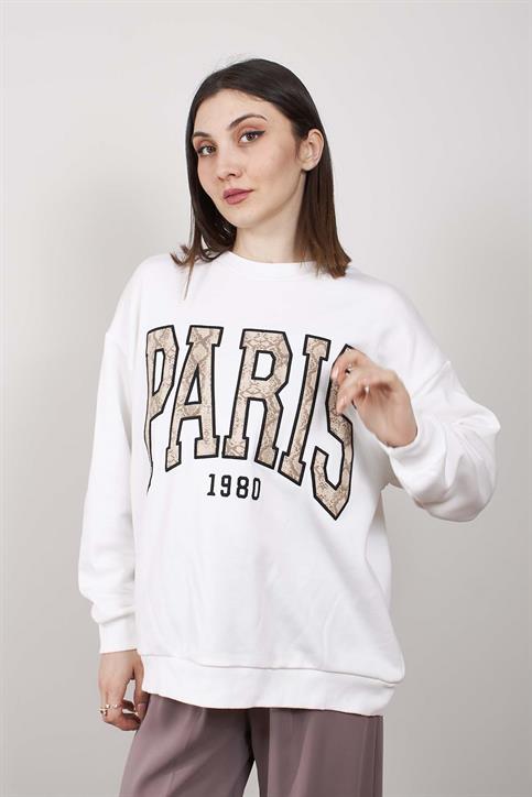 Ekru Paris Nakışlı Oversize Kalıp Şardonsuz Sweatshirt