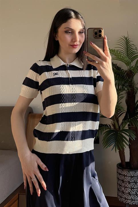 Ekru Saç Örgü Detaylı Kısakollu Triko T Shirt
