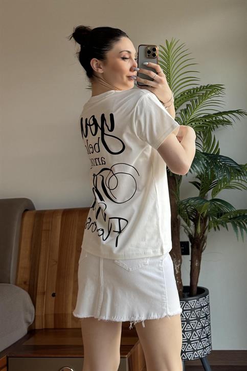 Ekru Simli Gül Baskılı T Shirt