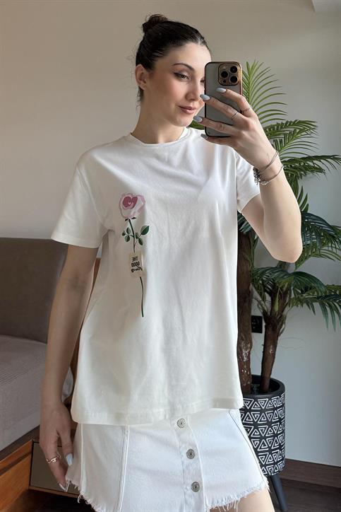 Ekru Simli Gül Baskılı T Shirt