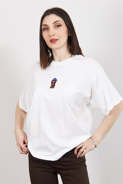 Ekru Teddy Bear Nakışlı Oversize T Shirt
