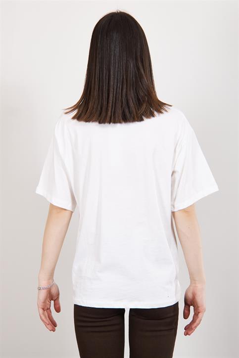 Ekru Teddy Bear Nakışlı Oversize T Shirt