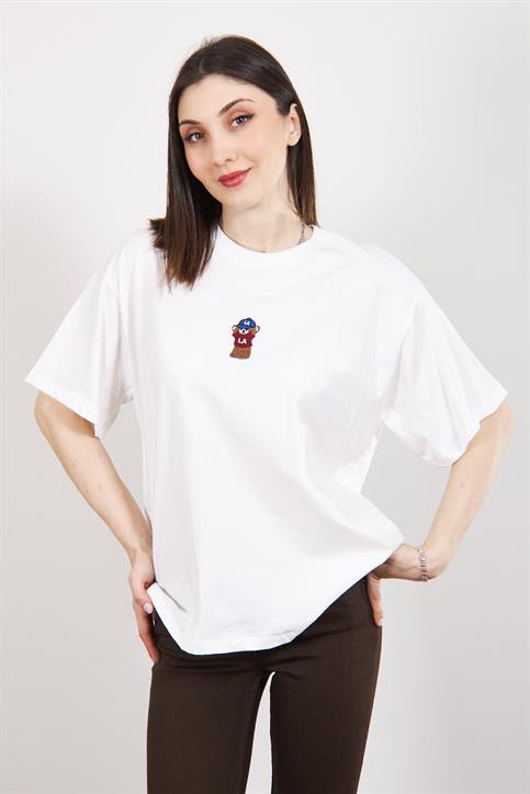 Ekru Teddy Bear Nakışlı Oversize T Shirt