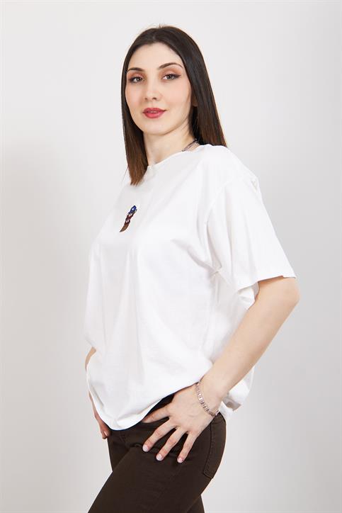 Ekru Teddy Bear Nakışlı Oversize T Shirt
