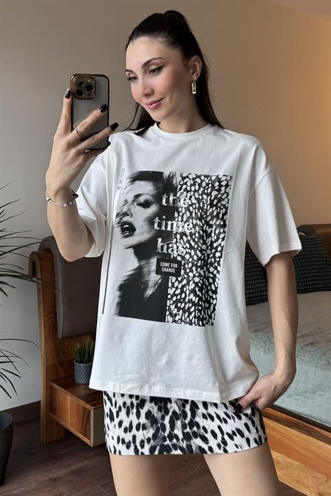 Ekru The Time Gümüş Baskılı T Shirt