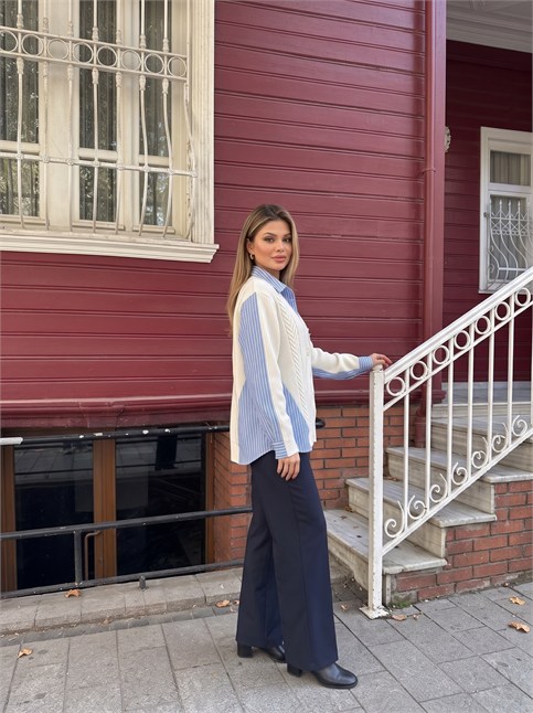 Ekru Triko Garnili Oversize Gömlek