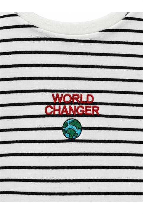 Ekru World Changer İki İplik Önü Nakışlı Uzunkollu Shirt