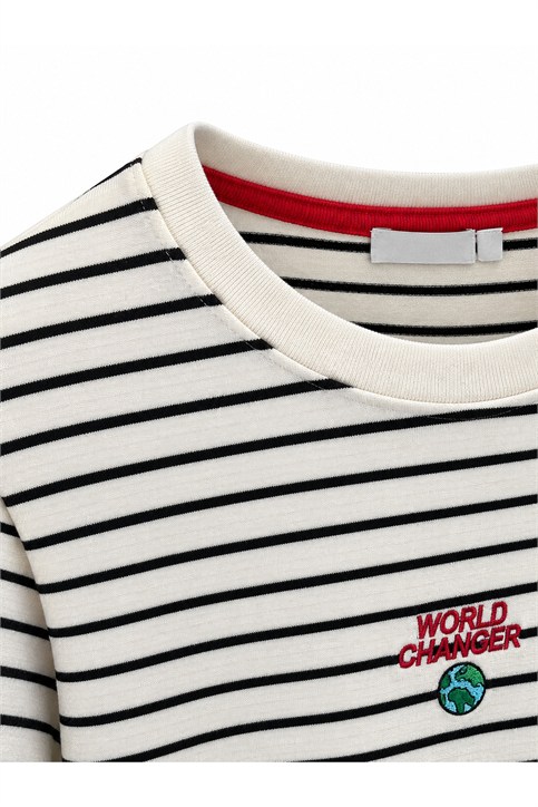 Ekru World Changer İki İplik Önü Nakışlı Uzunkollu Shirt