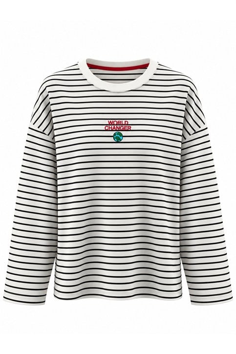 Ekru World Changer İki İplik Önü Nakışlı Uzunkollu Shirt