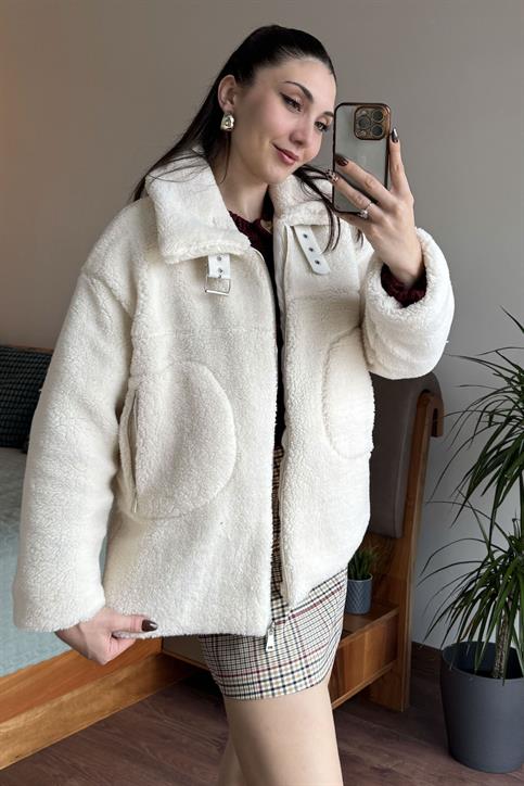 Ekru Yakası Toka Detaylı Teddy Biker Mont