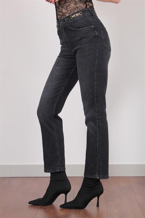 Füme Beli Aksesuarlı Flare Jean Pantolon