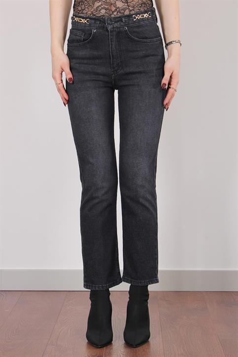 Füme Beli Aksesuarlı Flare Jean Pantolon