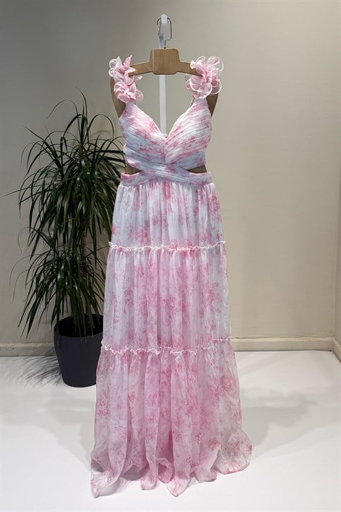 Fuşya Çiçek Desenli Maxi Elbise