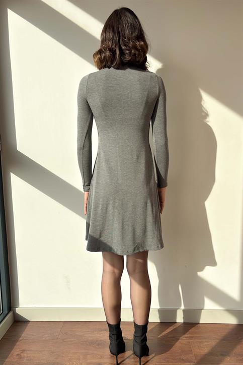 Gri Balıkçı Yaka İnterlok Mini Elbise