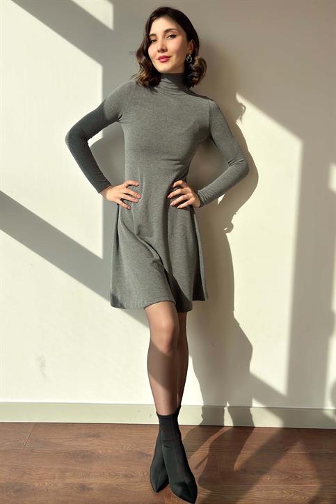Gri Balıkçı Yaka İnterlok Mini Elbise