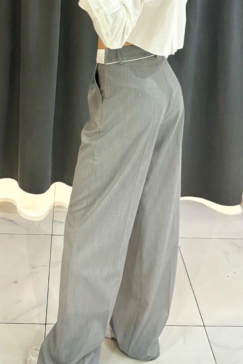 Gri Bel Detaylı Poplin Pantolon