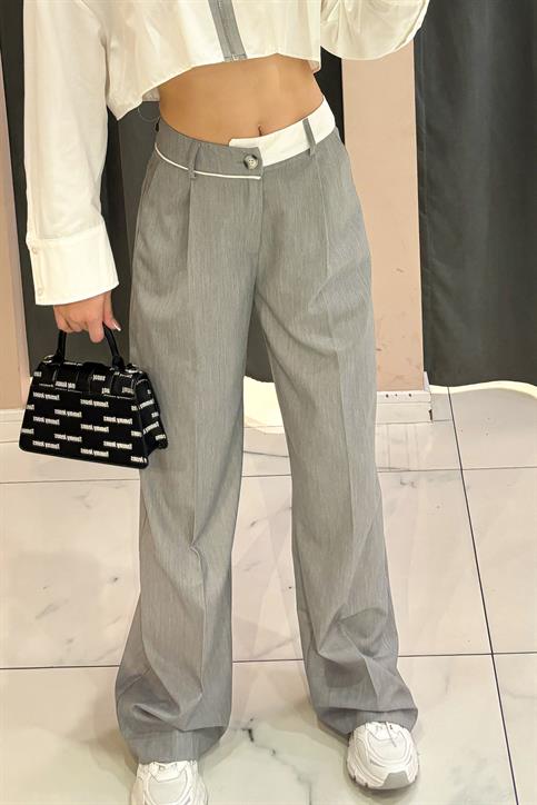 Gri Bel Detaylı Poplin Pantolon