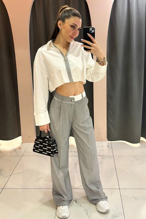 Gri Bel Detaylı Poplin Pantolon
