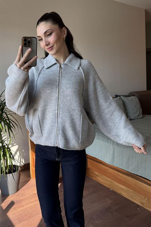 Gri Bogie Fermuarlı Oversize Ceket