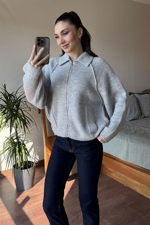 Gri Bogie Fermuarlı Oversize Ceket