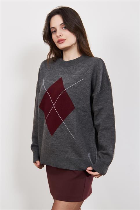 Gri Bordo Fleap Oversize Bisiklet Yaka Kazak
