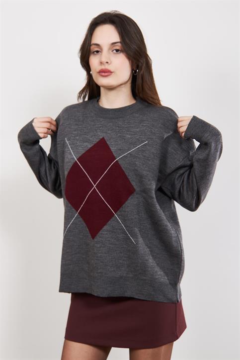 Gri Bordo Fleap Oversize Bisiklet Yaka Kazak