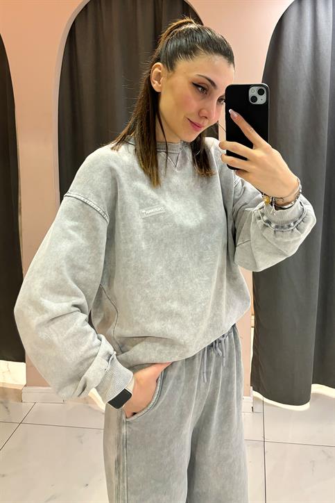 Gri California Armalı Bisiklet Yaka Önü Üçgen Sweatshirt