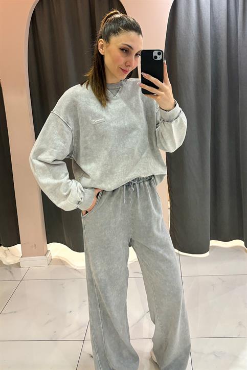 Gri California Armalı Bisiklet Yaka Önü Üçgen Sweatshirt