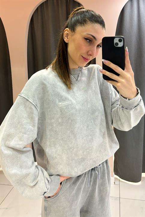 Gri California Armalı Bisiklet Yaka Önü Üçgen Sweatshirt