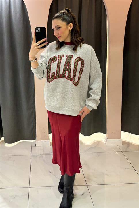 Gri CIAO Leopar Baskılı Sweatshirt