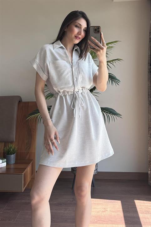 Gri Çizgili Cep Detaylı Elbise