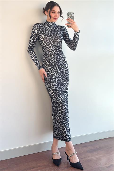 Gri Dik Yaka Uzun Kollu Elbise