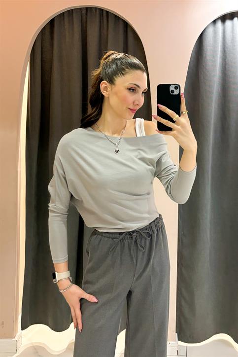 Gri Düşük Omuzlu Uzunkollu Bluz