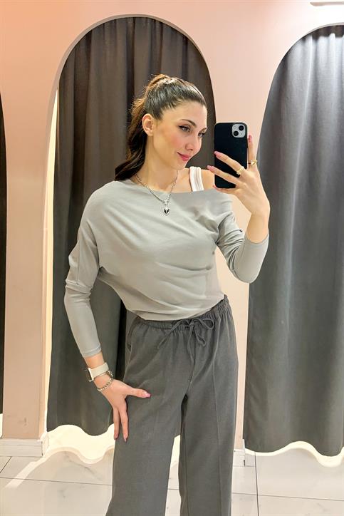 Gri Düşük Omuzlu Uzunkollu Bluz