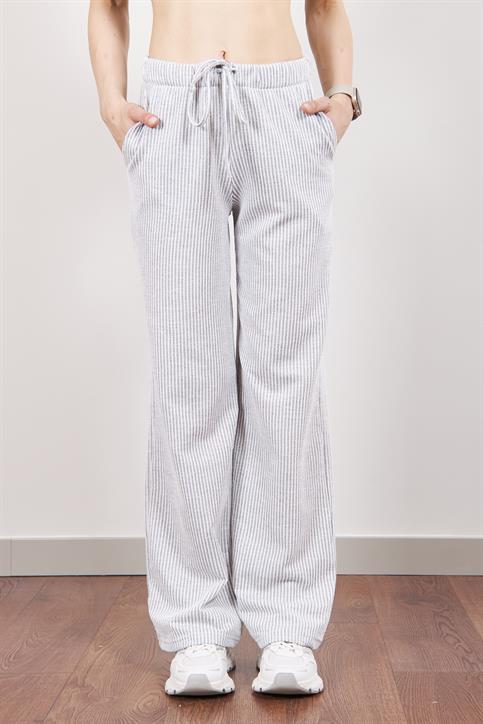 Gri Elastik Belli Straight Fit Çizgili Pantolon
