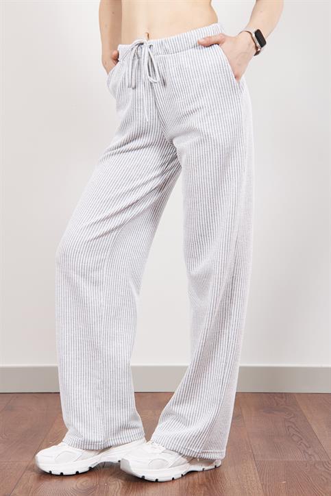 Gri Elastik Belli Straight Fit Çizgili Pantolon
