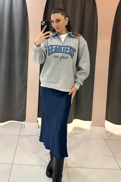 Gri Fearless Baskılı Sweatshirt