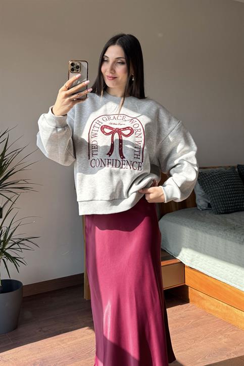 Gri Grace Kurdele Nakışlı Sweatshirt