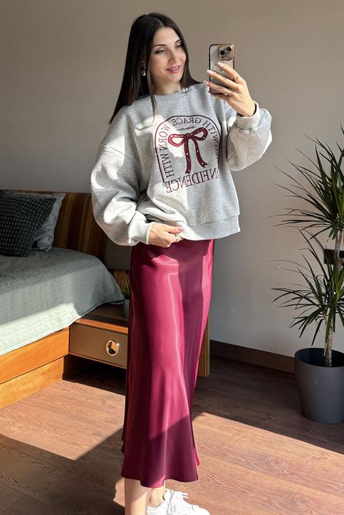 Gri Grace Kurdele Nakışlı Sweatshirt