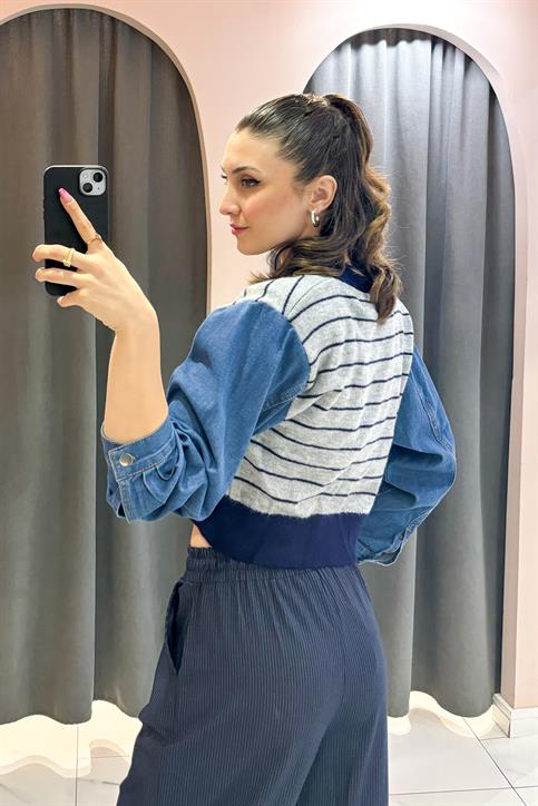 Gri Kolu Denim Garnili Triko Hırka
