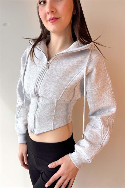 Gri Korse Görünümlü Fermuarlı Sweatshirt