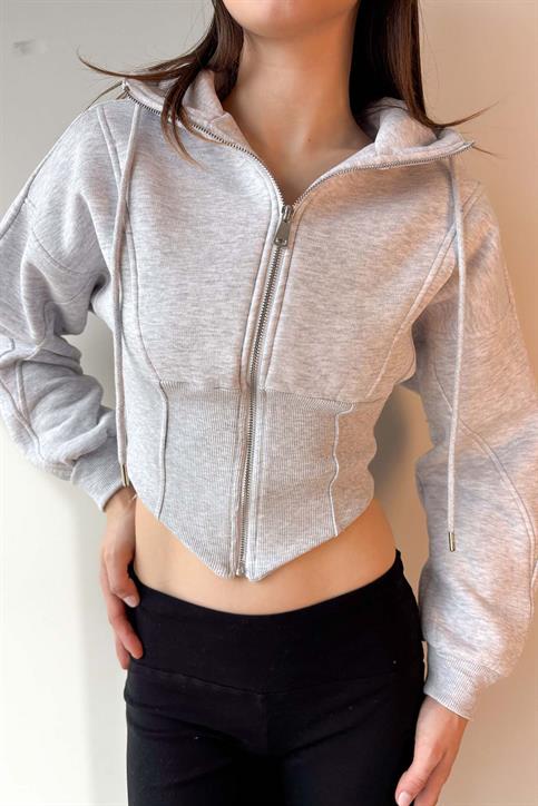 Gri Korse Görünümlü Fermuarlı Sweatshirt