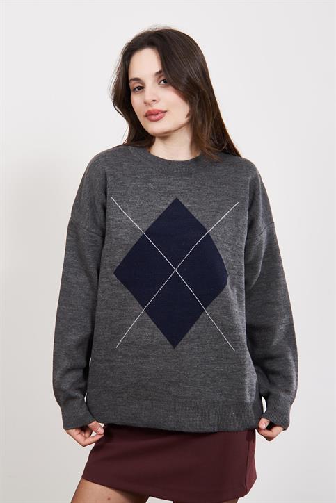 Gri Lacivert Fleap Oversize Bisiklet Yaka Kazak