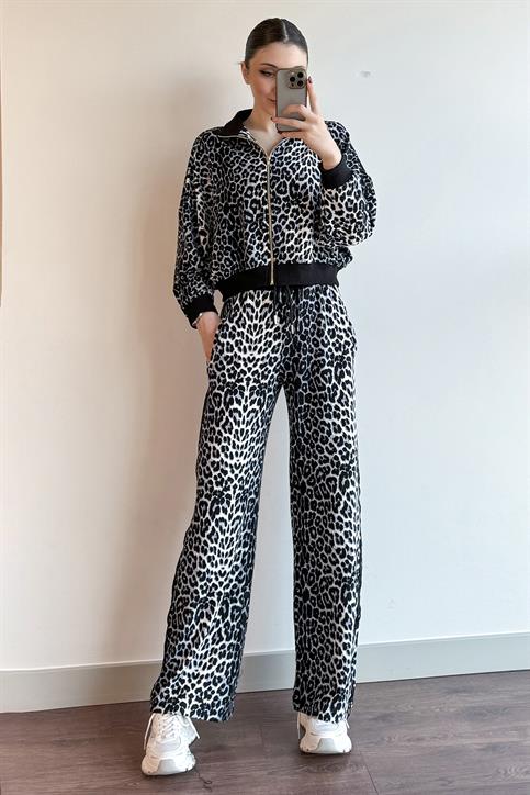 Gri Leopar Desenli Pantolon ve Ceket Takım