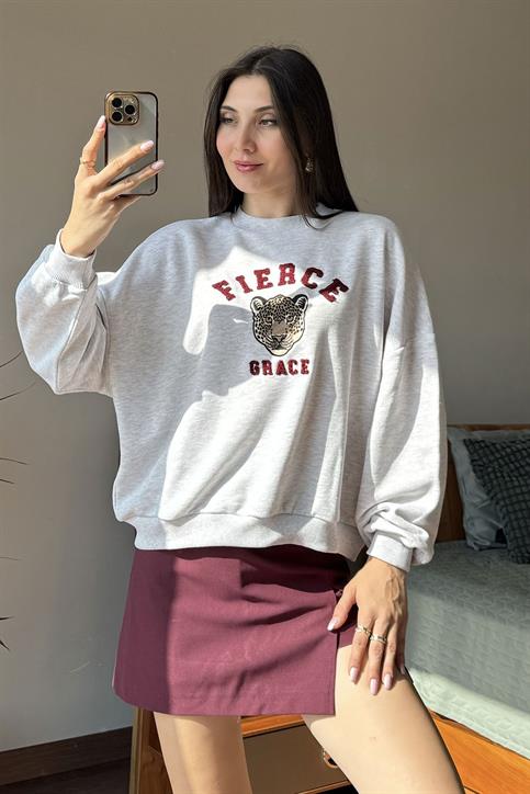 Gri Leopar Nakışlı Sweatshirt
