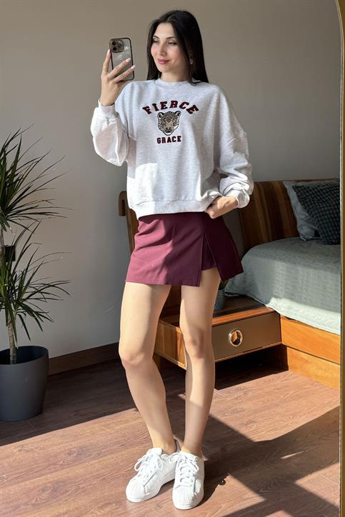 Gri Leopar Nakışlı Sweatshirt
